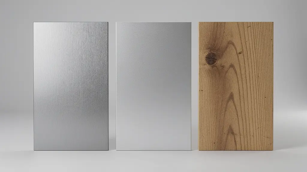 Échantillons de matériaux pour porte de garage comparant acier aluminium et bois