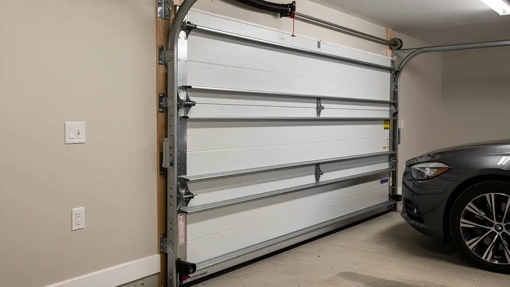 Vue intérieure du mécanisme d'une porte sectionnelle avec rails et ressorts de torsion