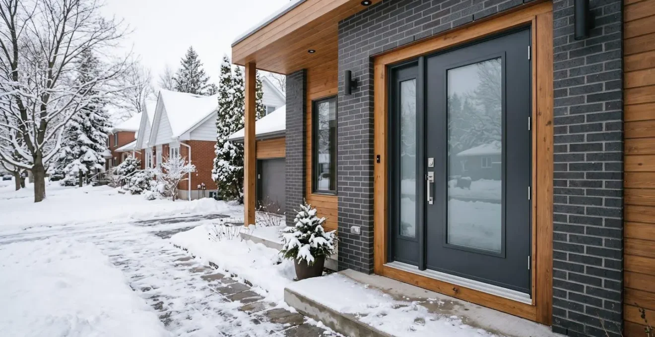 Porte d'entrée moderne isolée sur maison résidentielle québécoise en hiver avec neige au sol