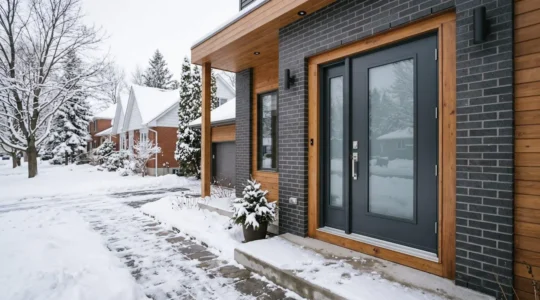 Porte d'entrée moderne isolée sur maison résidentielle québécoise en hiver avec neige au sol