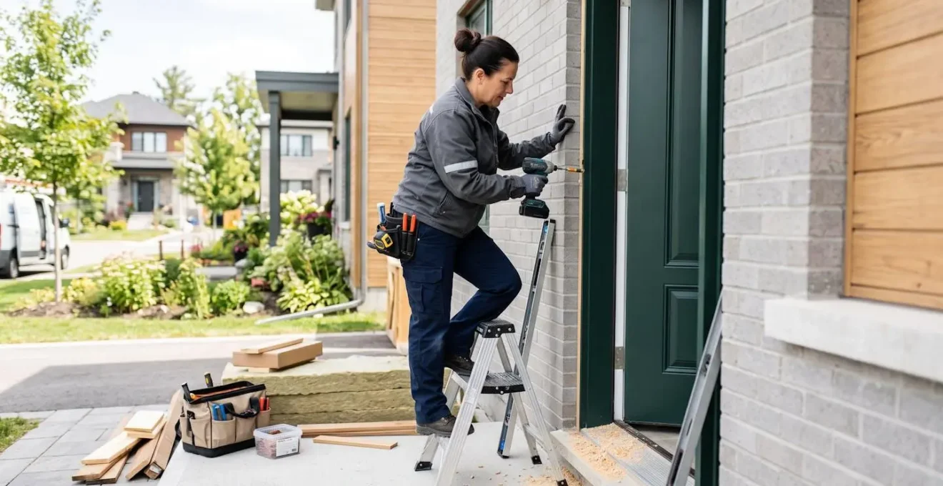 Technicien professionnel installant porte extérieure résidentielle avec outils spécialisés